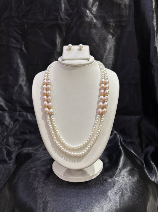 Elegant Dual Layer Pink Pearl Necklace Set