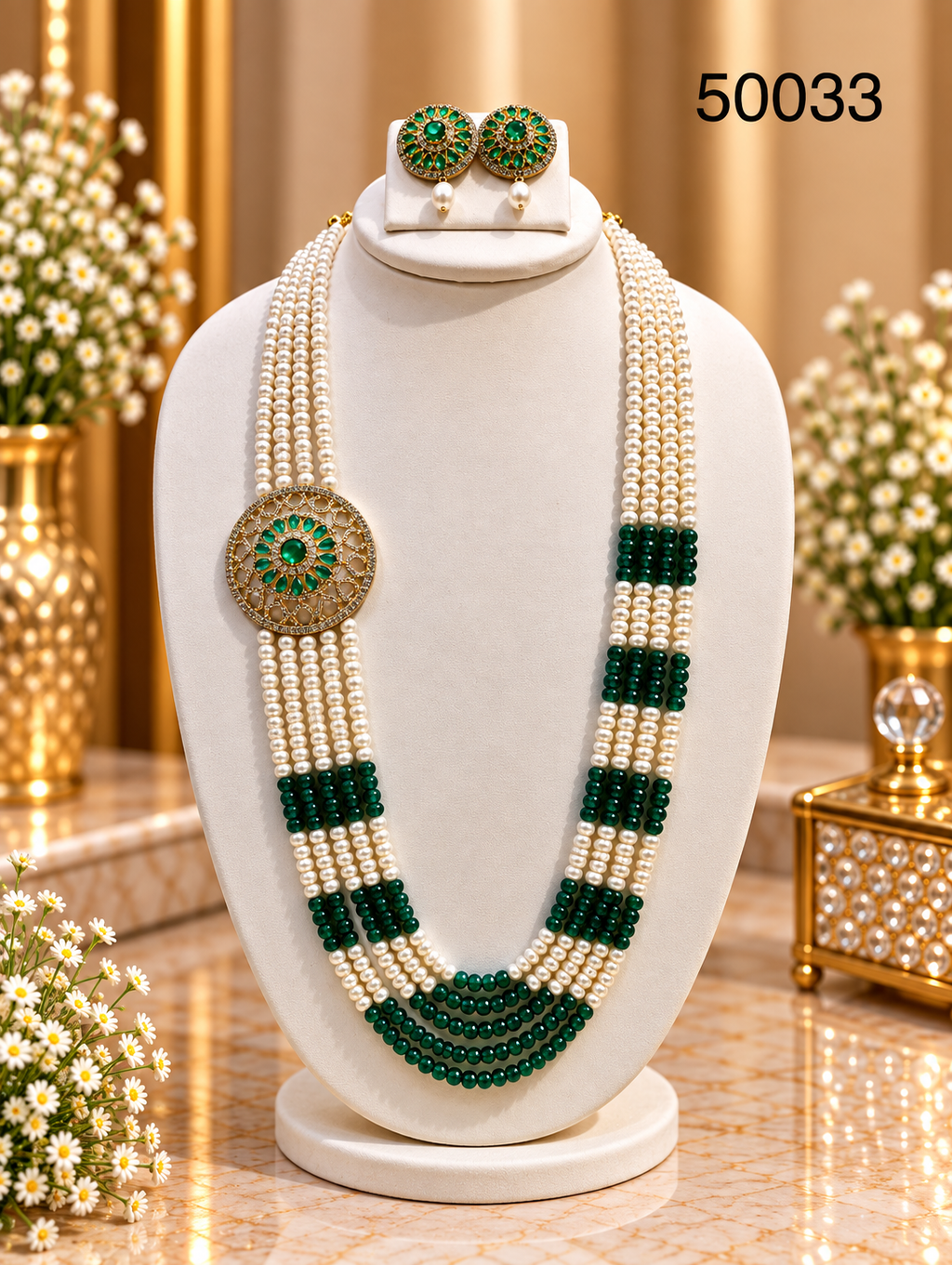 Green & White Pearl Multi-Strand Necklace Set with Designer Pendant