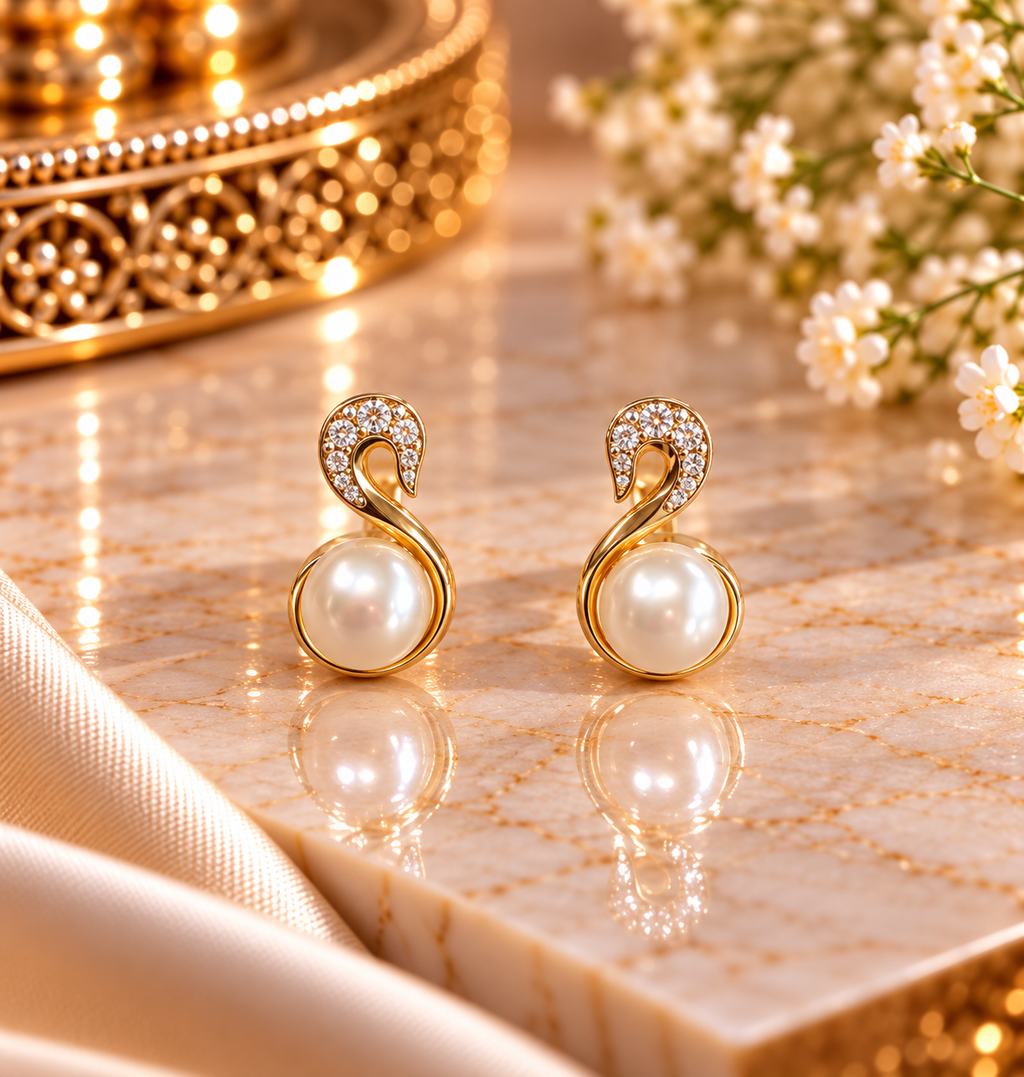Pearl Gold Drop Stud Earrings – Code 7019