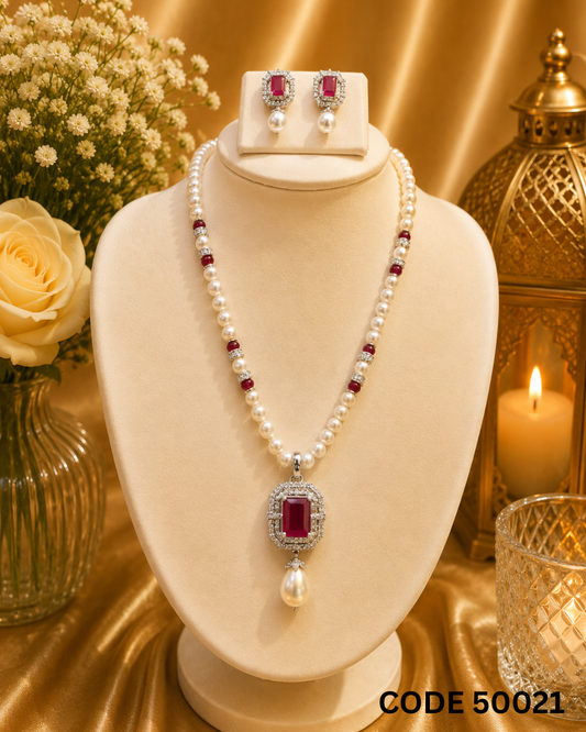 Freshwater Pearl Necklace Set with Ruby Red CZ Pendant – Code 50021