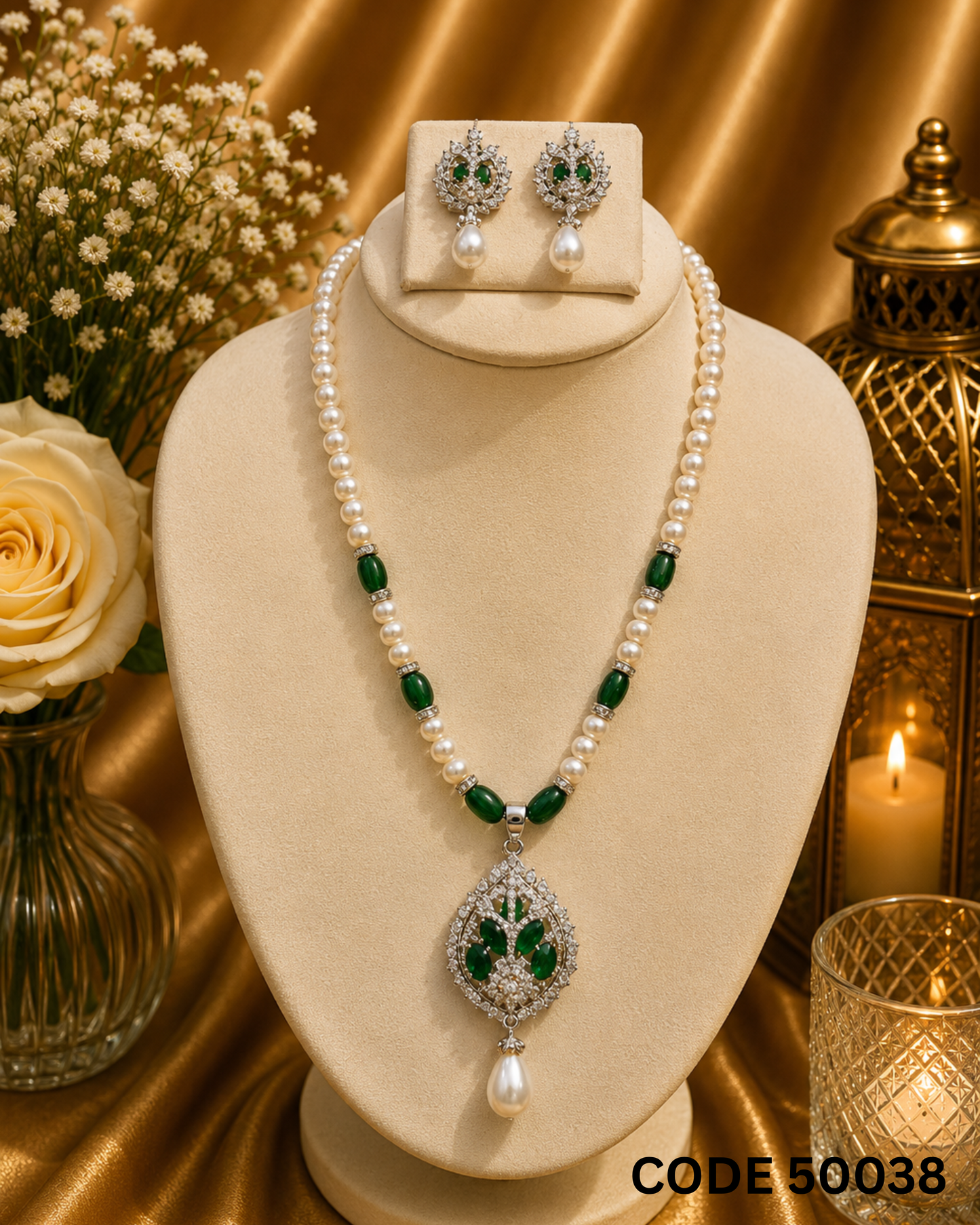 Pearl Necklace Set with Emerald Green Stone Pendant & Earrings – Code 50038