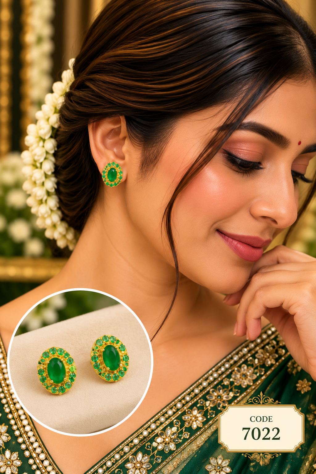 Green Stone Gold Oval Stud Earrings – Code 7022