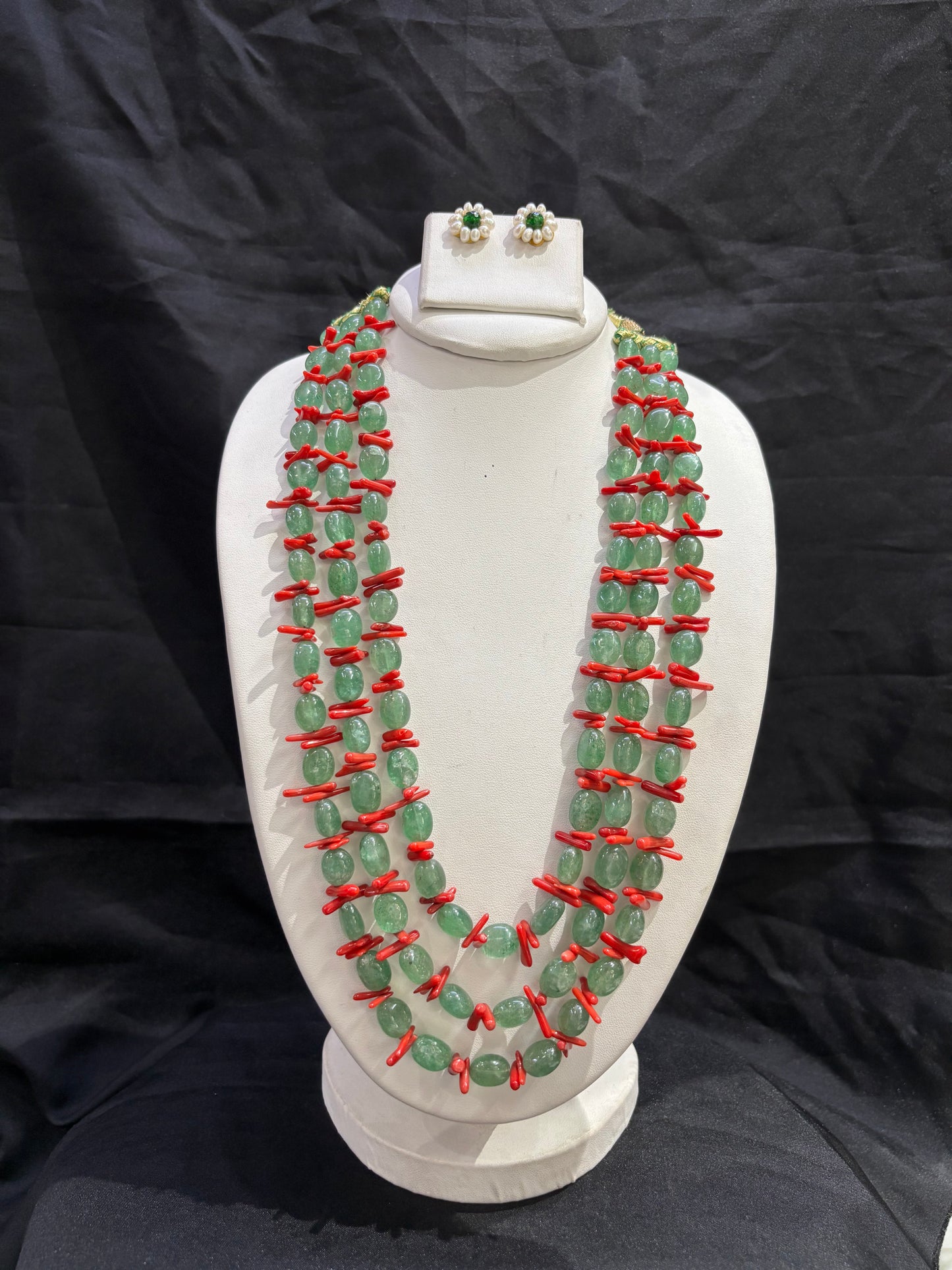 Green Aventurine & Coral 3-Line Necklace Set