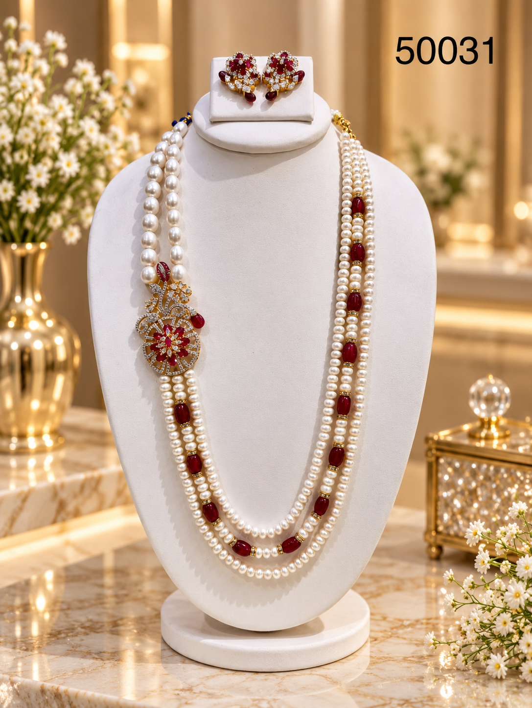 Red Pearl Multi-Strand Necklace Set with Designer Floral Pendant