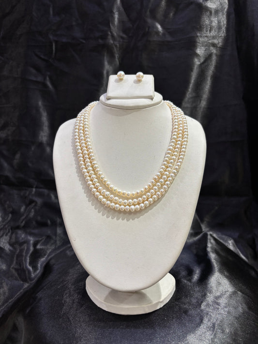 Classic Triple Layer Freshwater Pearl Necklace Set