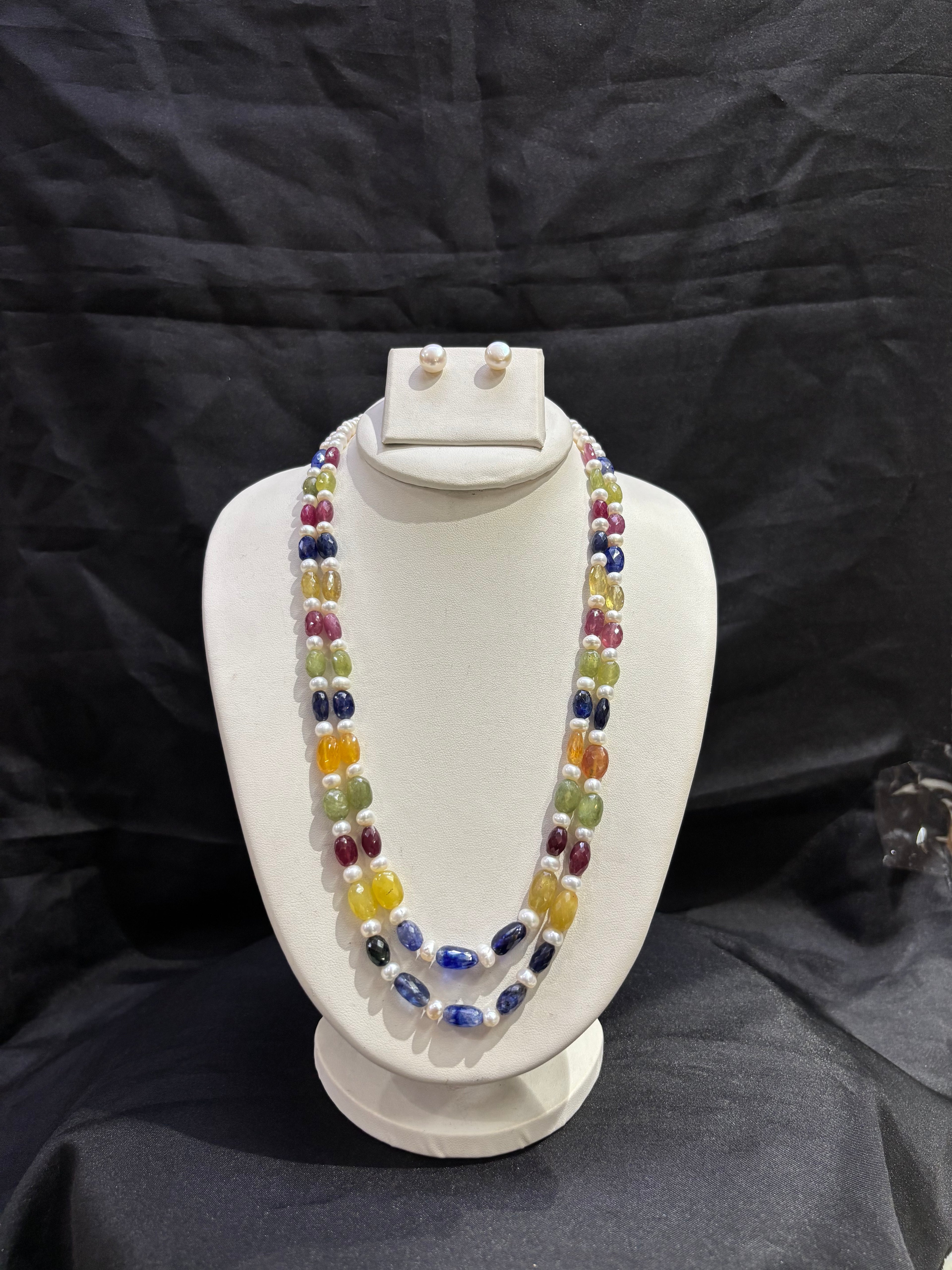 Double Layer Natural Multi-Gemstone & Freshwater Pearl Necklace Set