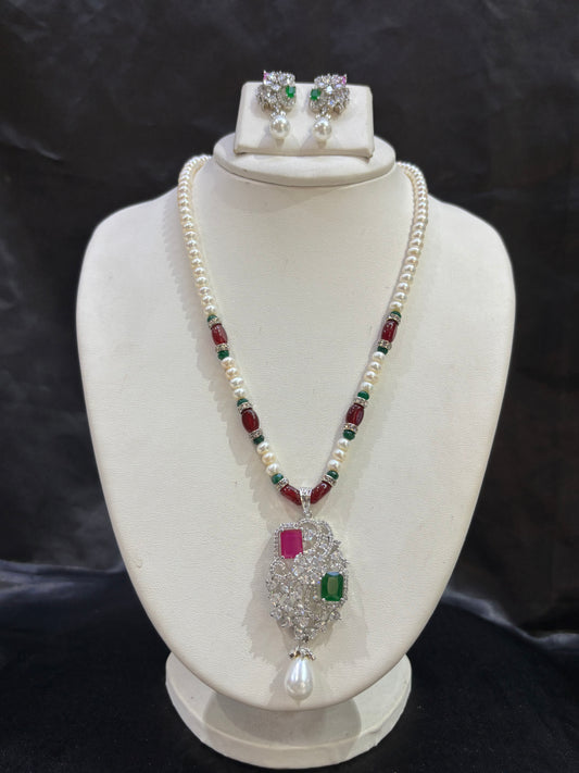 Freshwater Pearl Necklace Set with Ruby & Emerald Designer Pendant – Code 50020