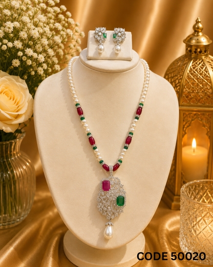 Freshwater Pearl Necklace Set with Ruby & Emerald Designer Pendant – Code 50020