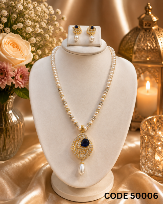 Royal Blue Stone Freshwater Pearl Pendant Necklace Set – Code 50006