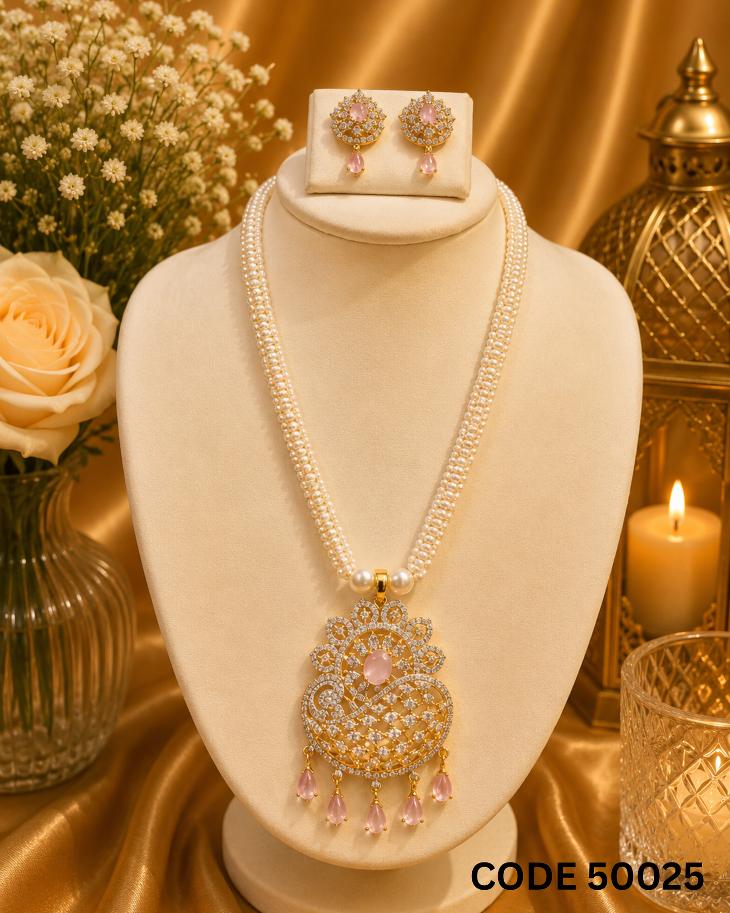 Luxury Multi-Strand Pearl Necklace Set with Blush Pink Peacock Pendant – Code 50025