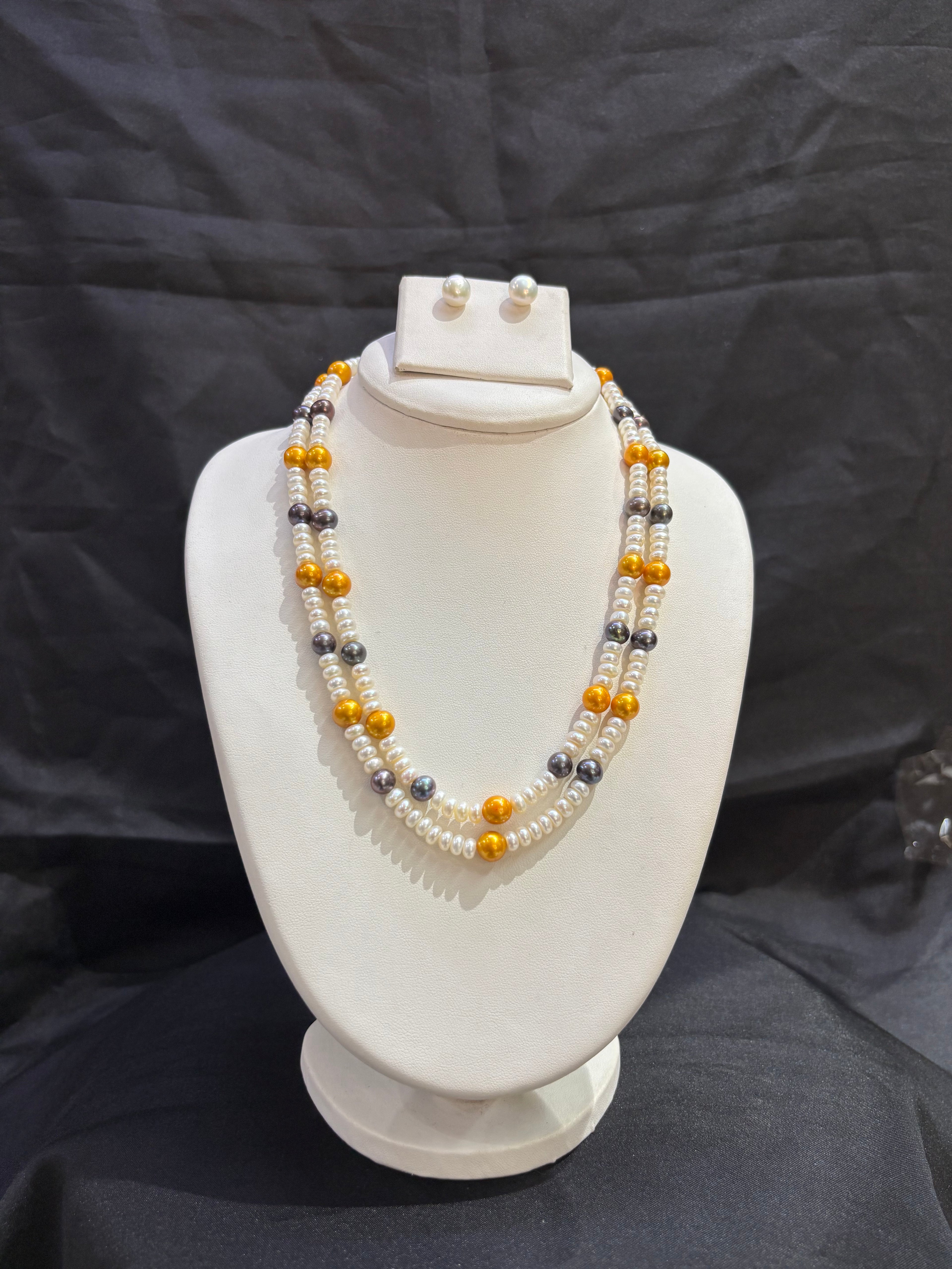 Double Layer Freshwater Pearl Necklace Set with Golden & Black Pearl Accents