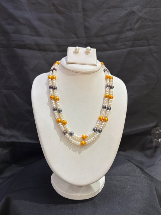Double Layer Freshwater Pearl Necklace Set with Golden & Black Pearl Accents