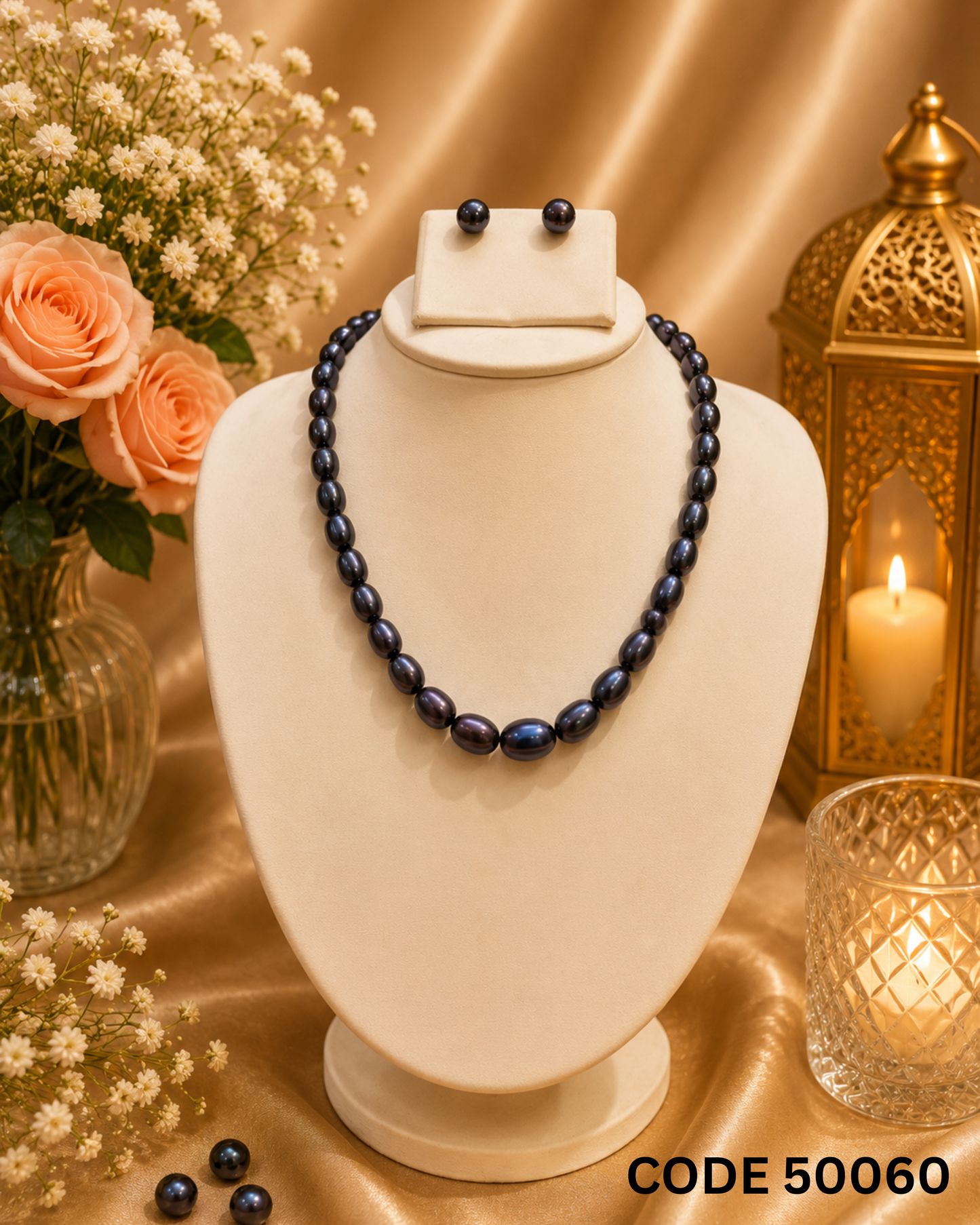 Premium Black Oval Freshwater Pearl Necklace Set – Code 50060