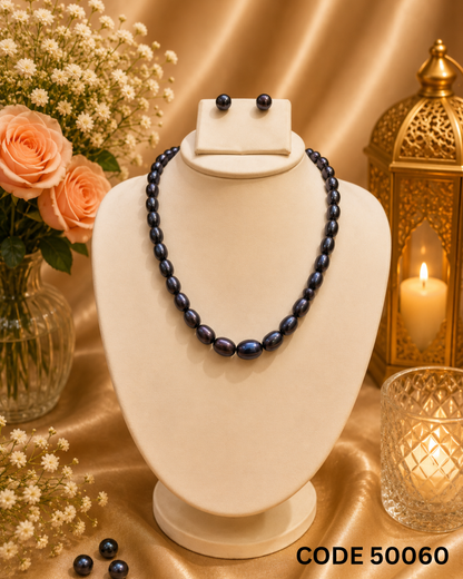 Premium Black Oval Freshwater Pearl Necklace Set – Code 50060