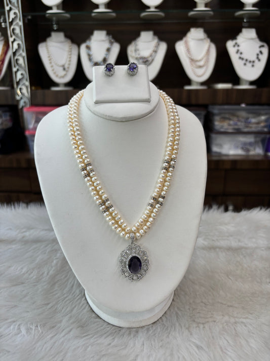 Royal Pearl Necklace Set with Blue Stone Pendant & Earrings