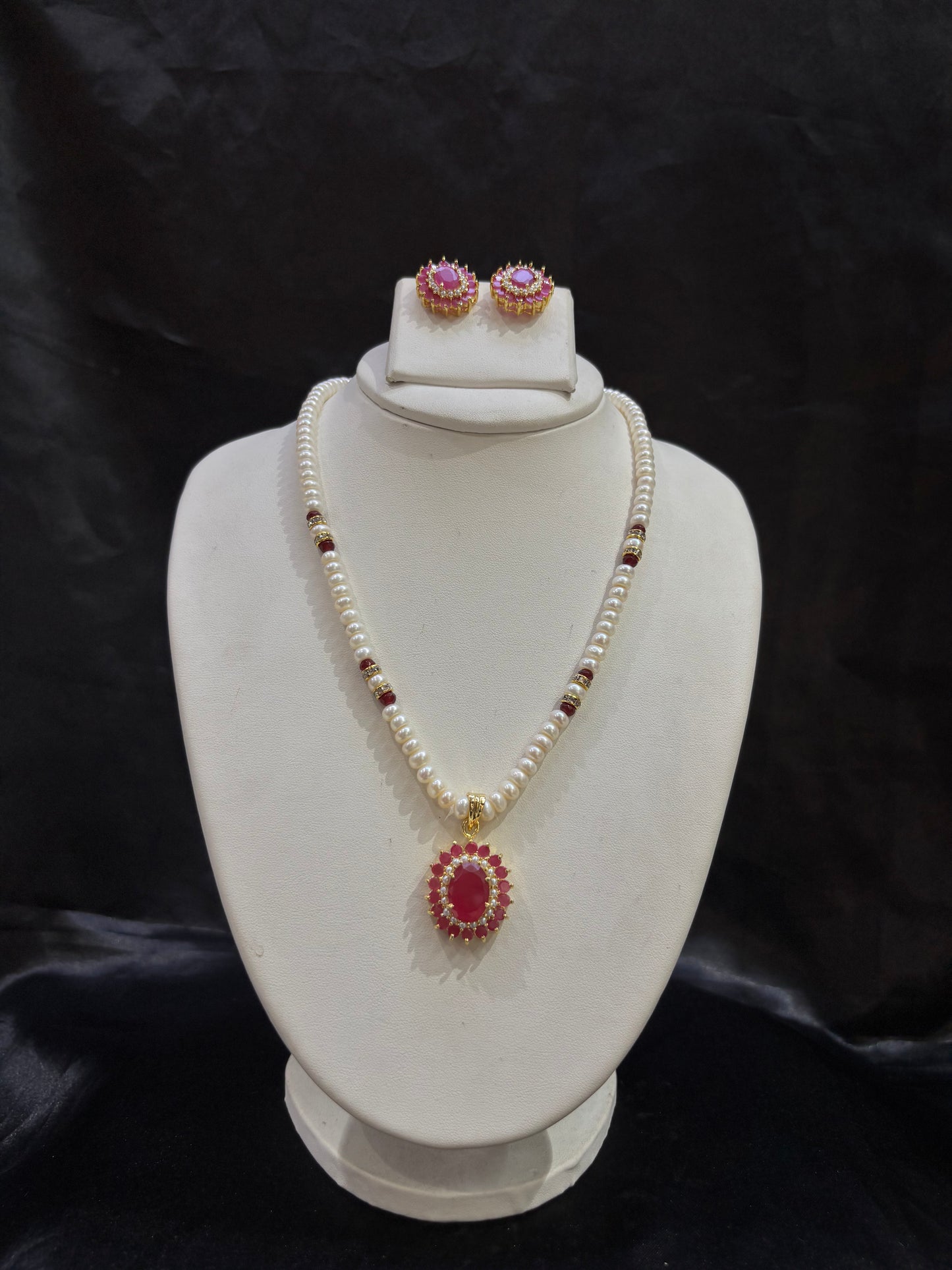 Freshwater Pearl Necklace Set with Ruby Floral Pendant – Code 50017