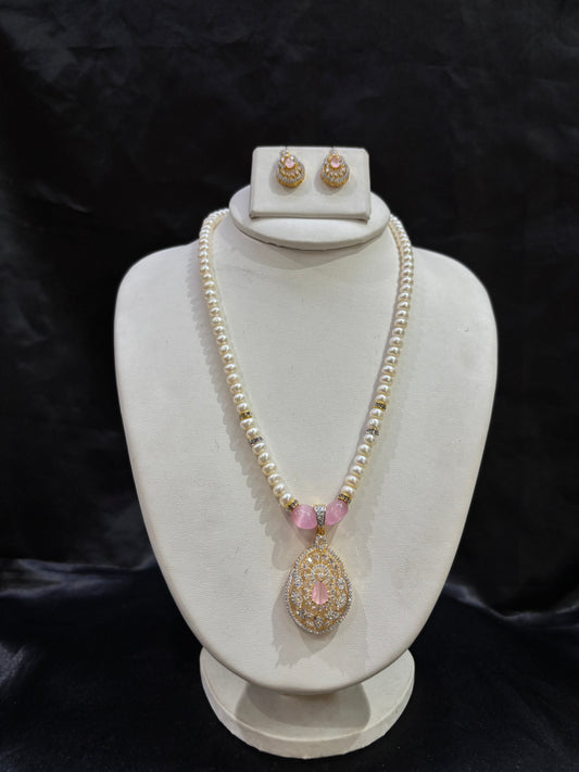 Freshwater Pearl Necklace Set with Blush Pink Designer Pendant – Code 50023