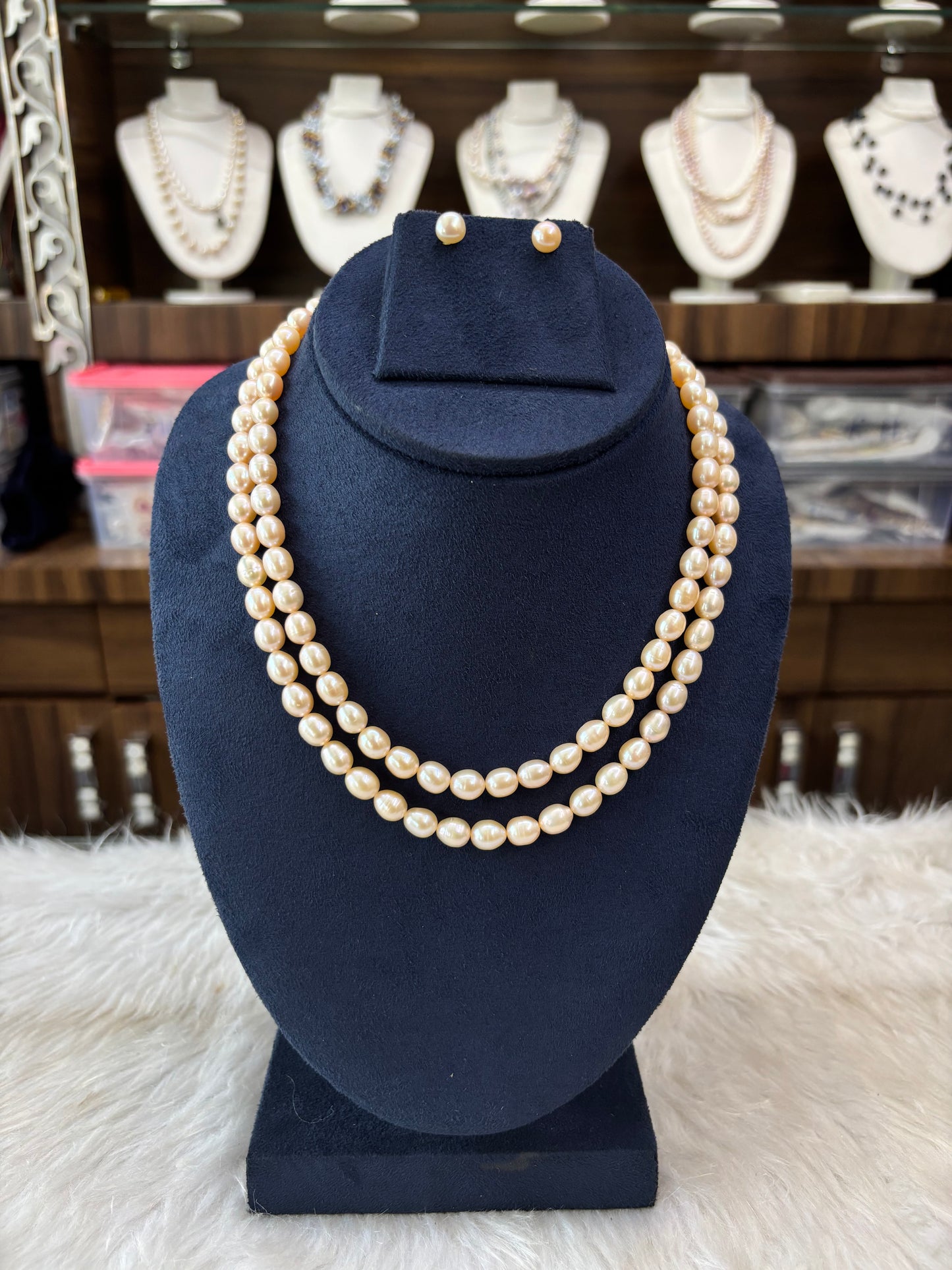 Classic Double Layer Pearl Necklace with Stud Earrings