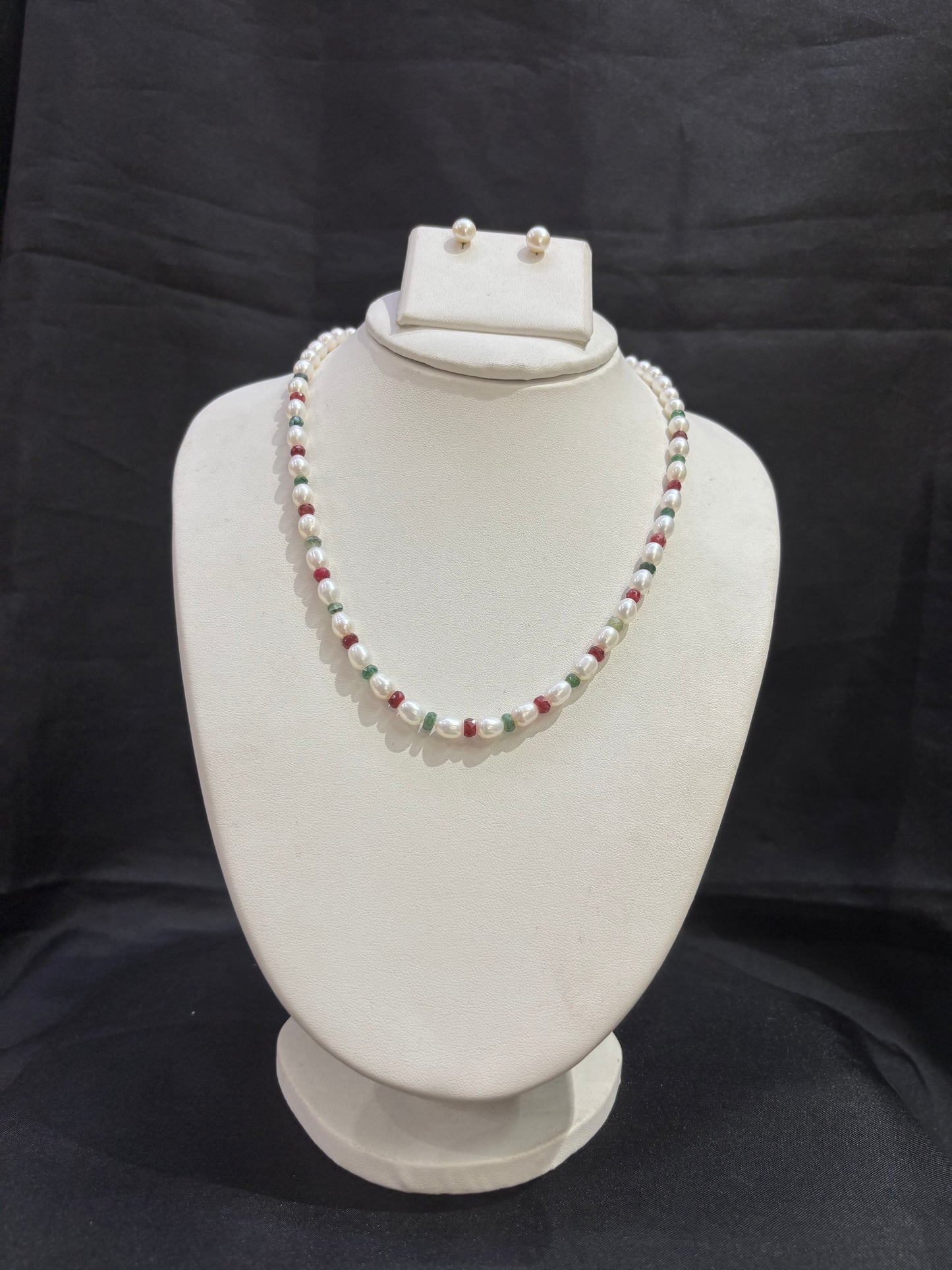 Freshwater Pearl Necklace with Ruby & Emerald Beads