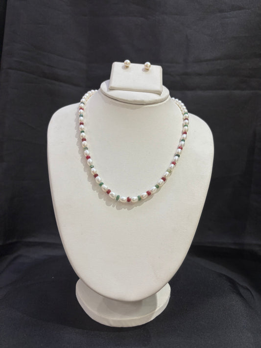 Freshwater Pearl Necklace with Ruby & Emerald Beads
