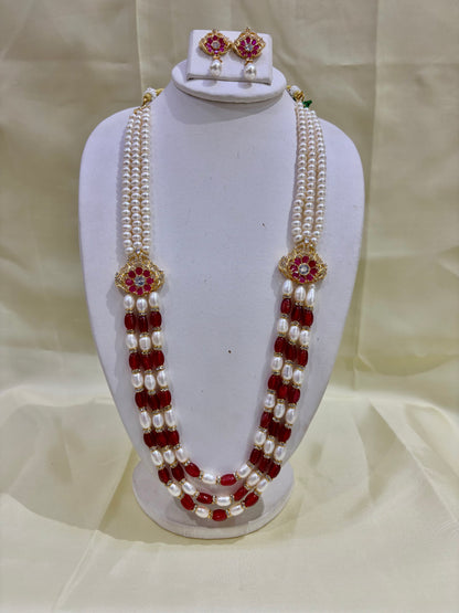 Ruby Red Stone Freshwater Pearl Multi-Strand Necklace Set