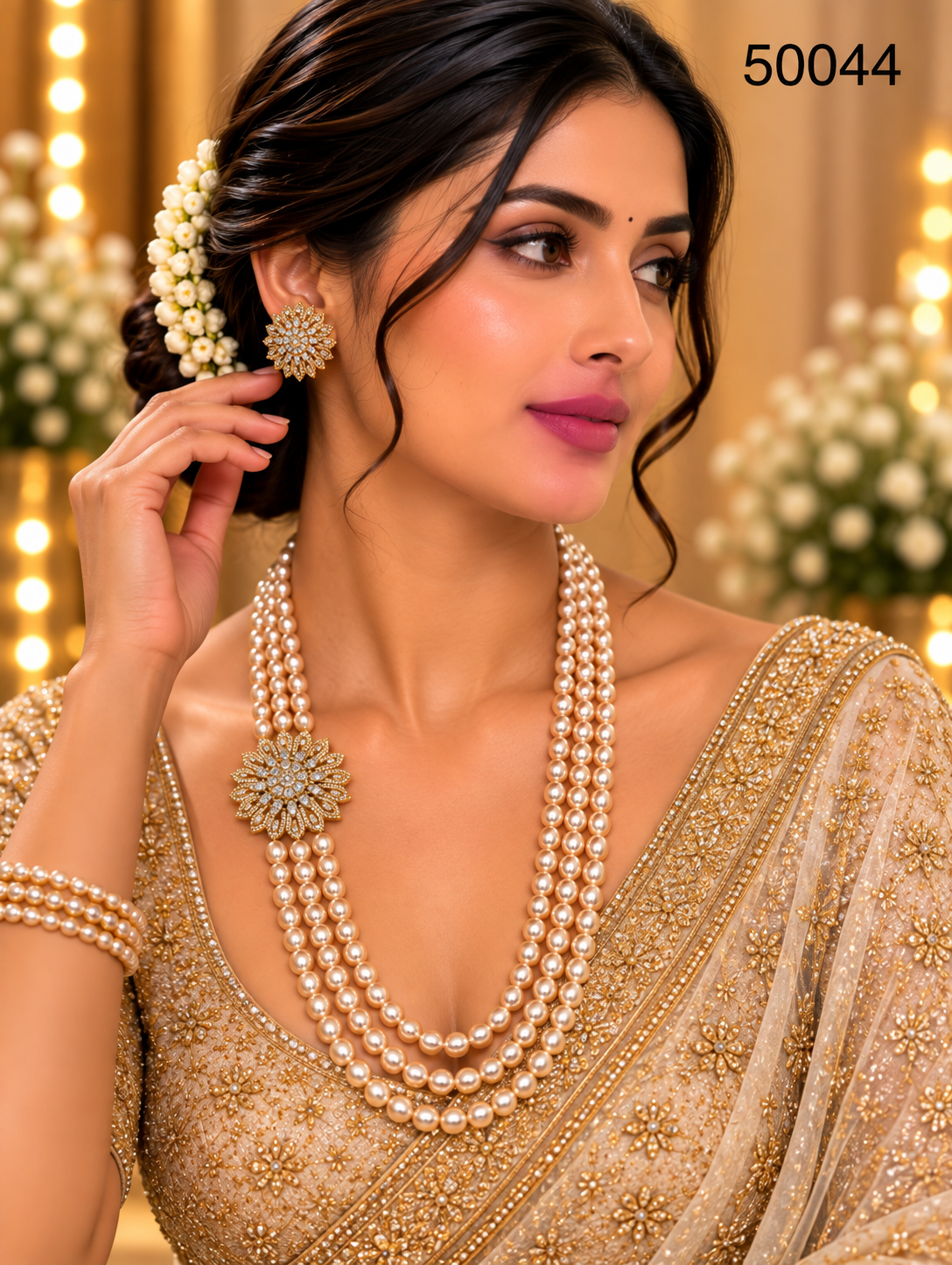 Rose Pink Pearl Multi-Strand Necklace Set with Floral Design