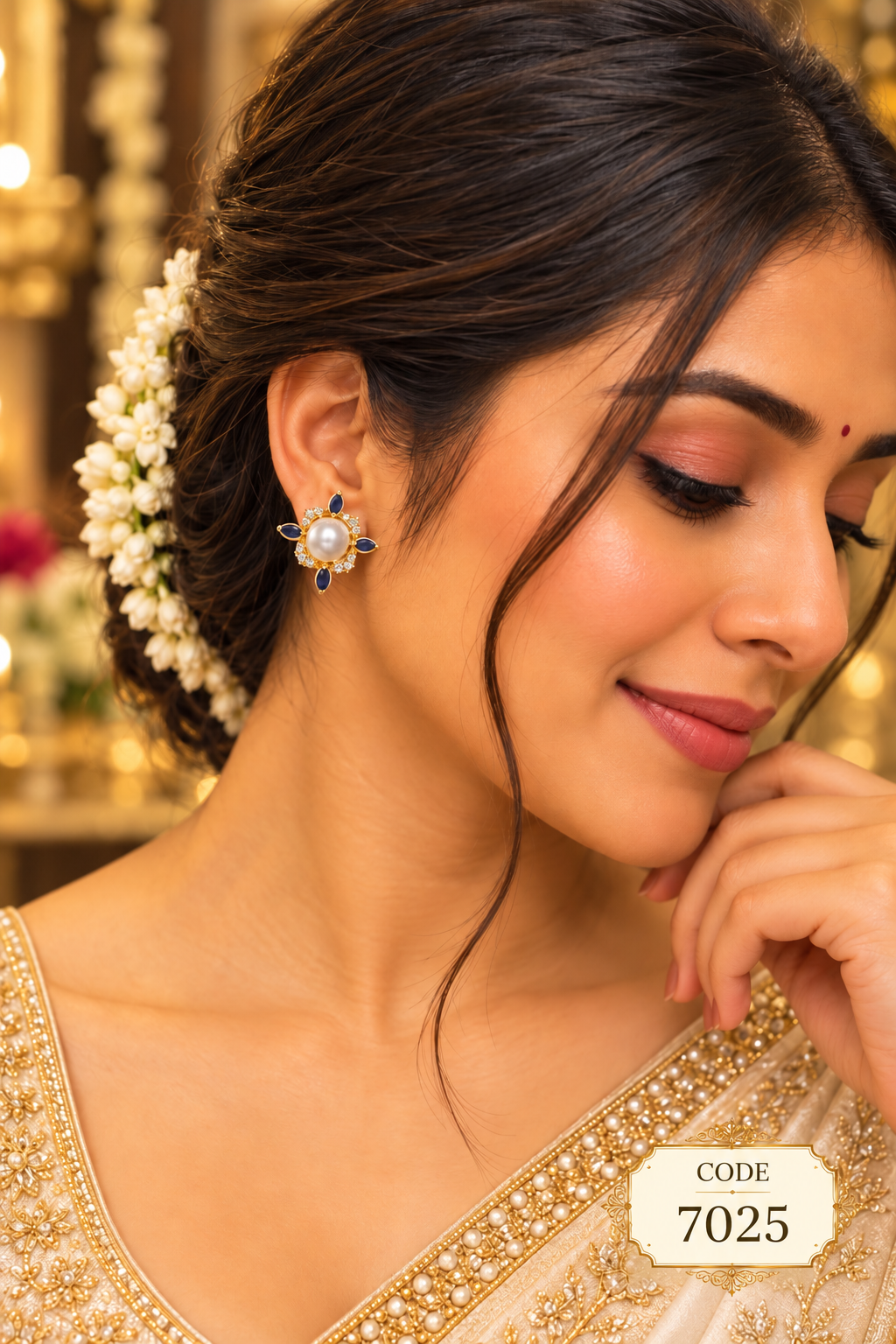 Blue Stone & Pearl Stud Earrings – Code 7025