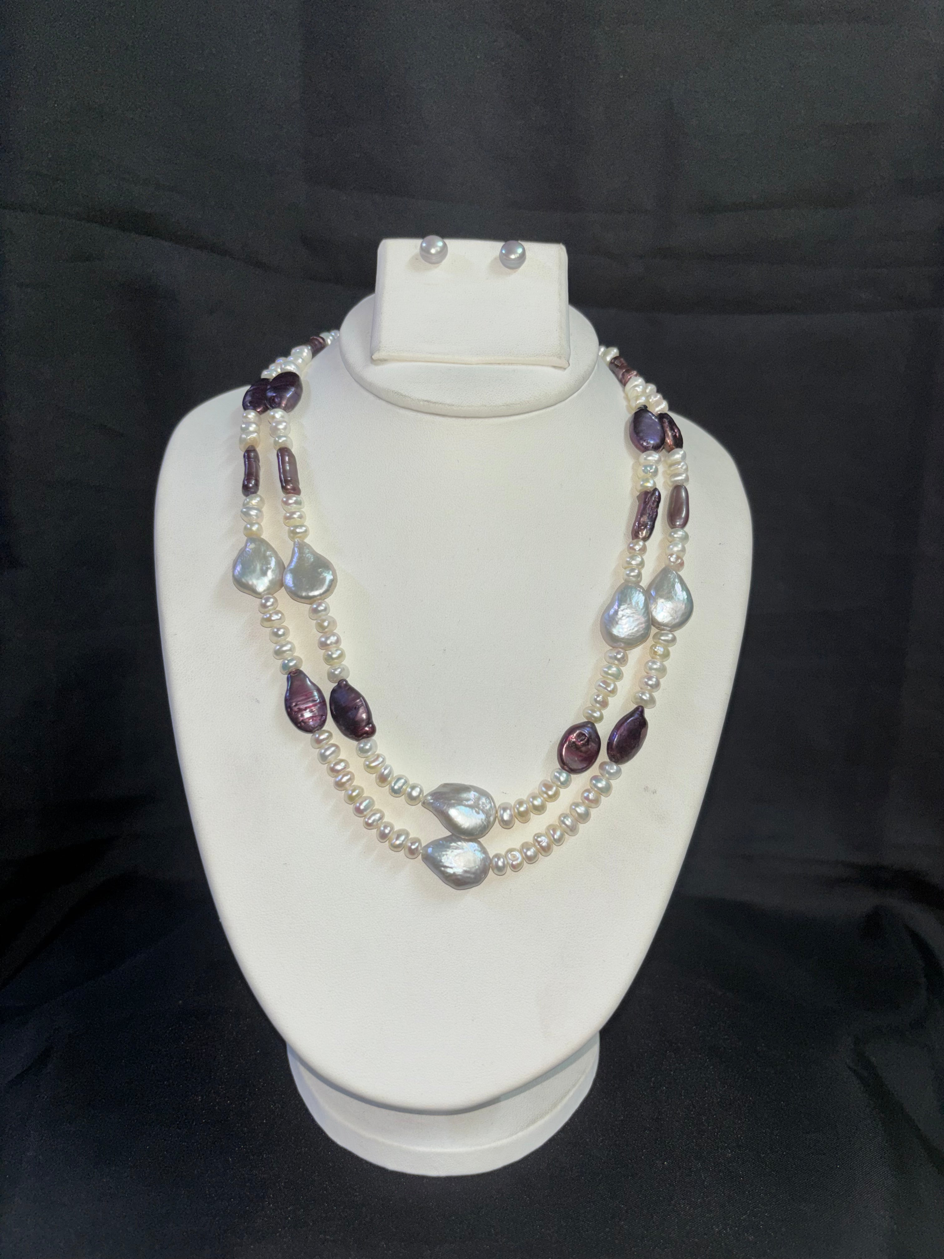 Double Layer Pearl & Purple Baroque Necklace Set