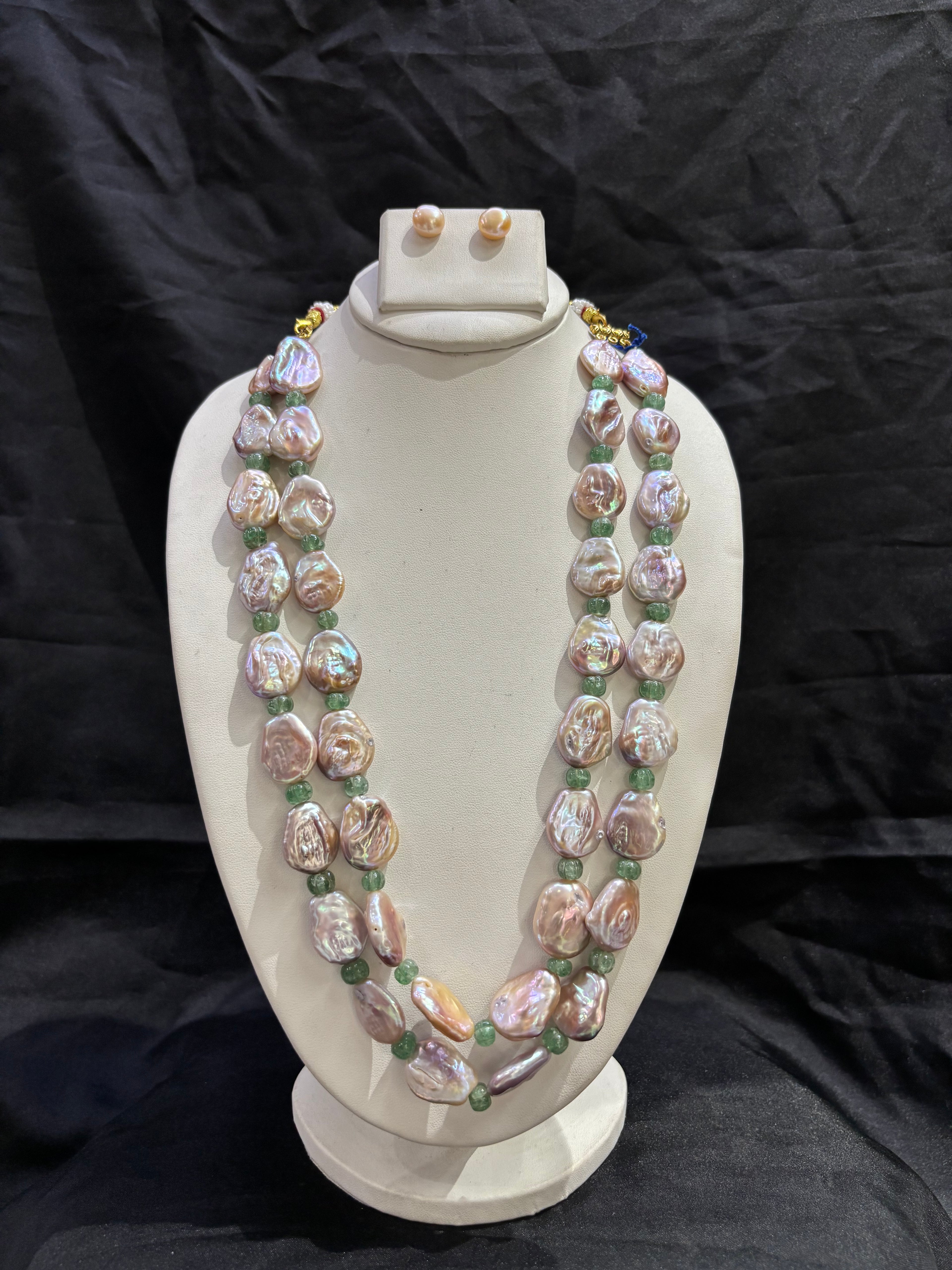 Lavender Baroque Pearl & Green Stone Double-Line Necklace Set