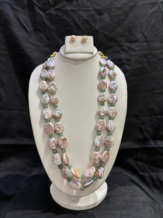 Lavender Baroque Pearl & Green Stone Double-Line Necklace Set