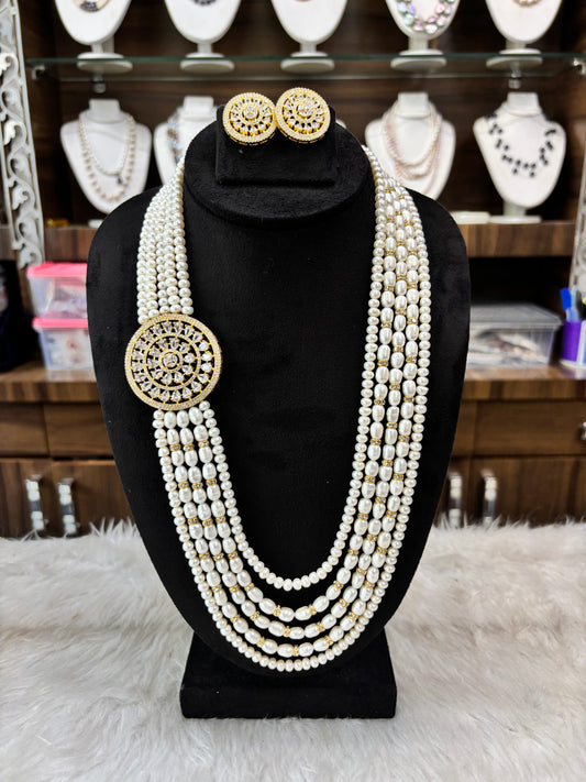 Designer Multi-Layer Pearl Necklace Set with Circular Brooch & Earrings