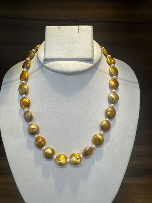 Golden coin pearl necklace