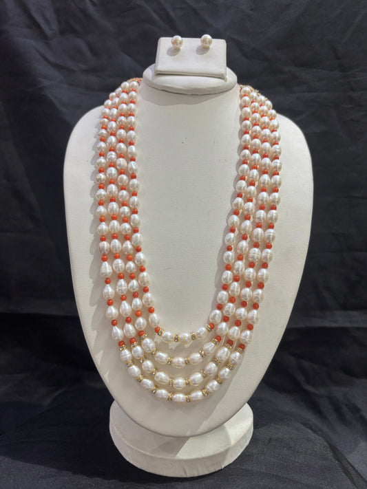 Elegant Freshwater Pearl & Coral Bead 4-Line Necklace Set