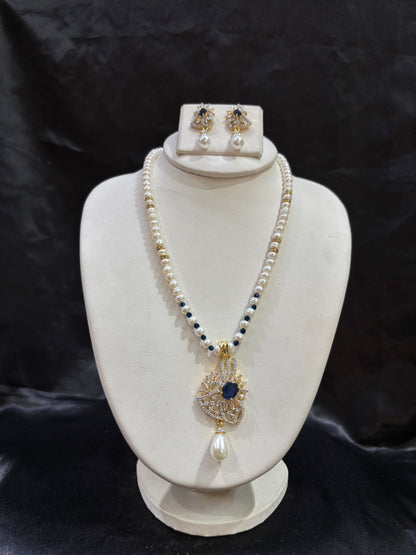 Pearl Necklace Set with Royal Blue Stone Designer Pendant & Earrings – Code 50040