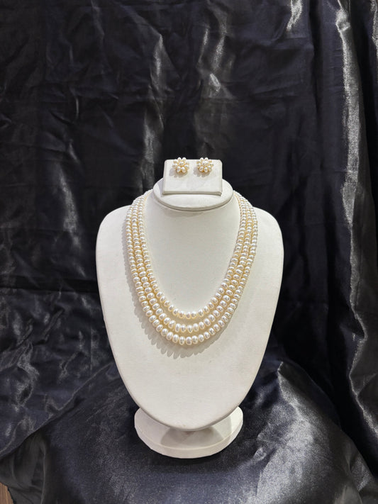 Classic Triple Strand Freshwater Pearl Necklace Set