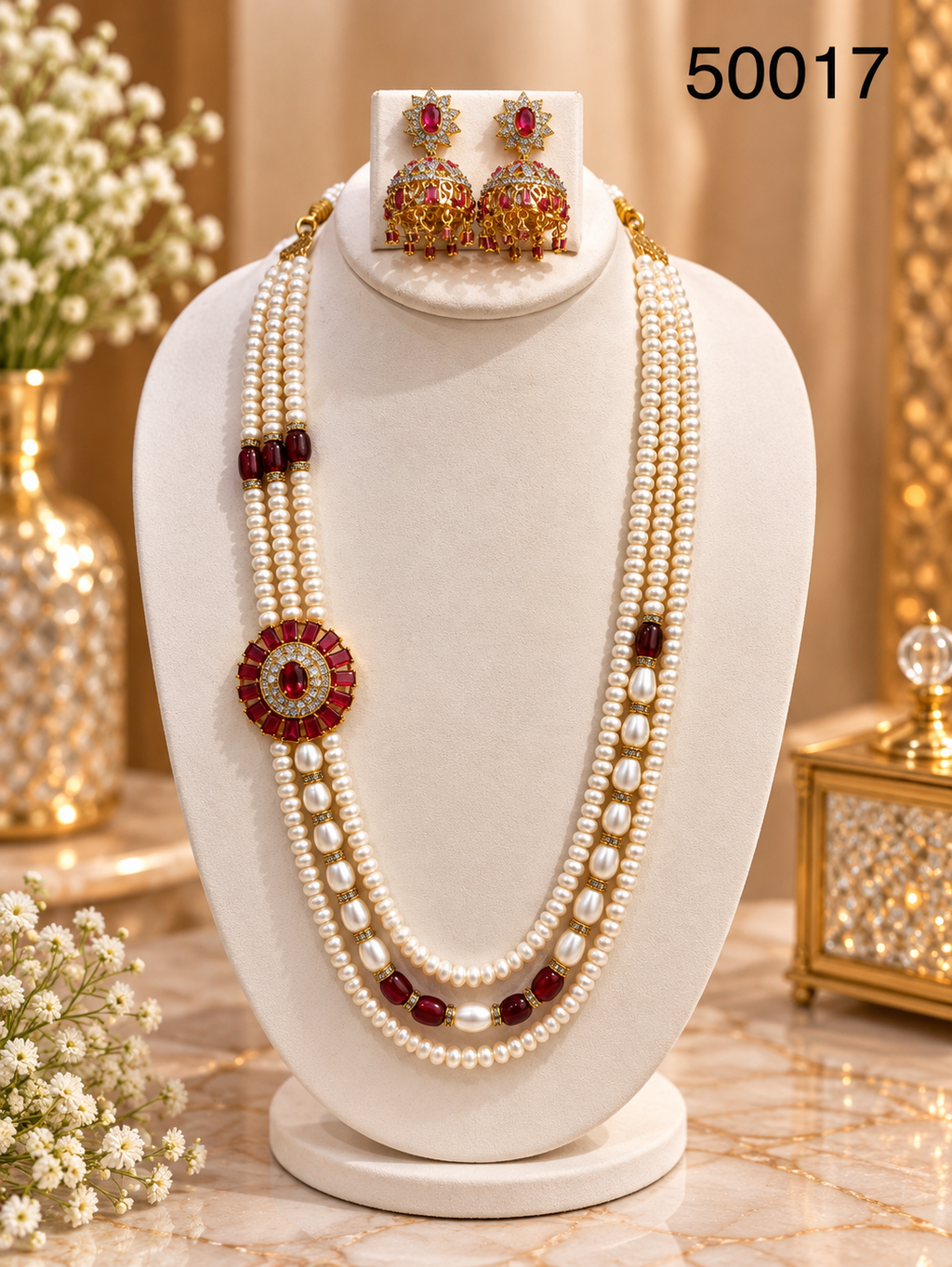 Ruby Red Freshwater Pearl Multi-Strand Necklace Set