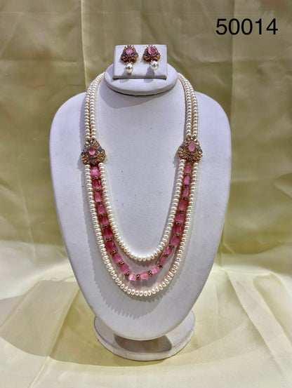 Pink Stone Freshwater Pearl Multi-Strand Necklace Set
