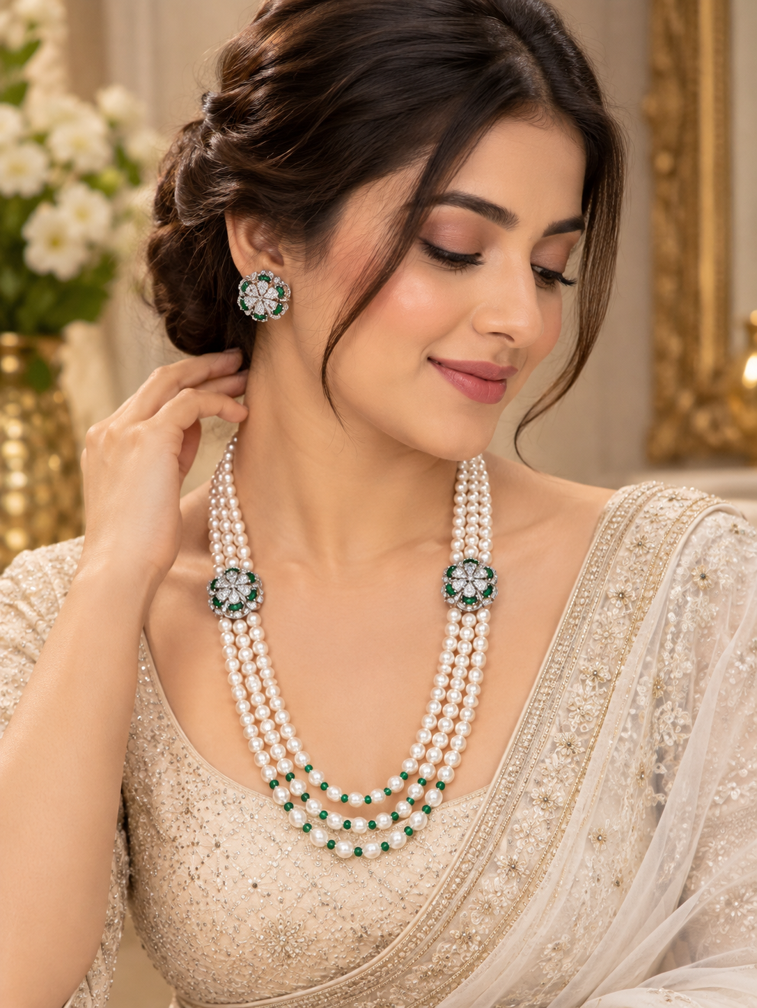Green Stone Freshwater Pearl Multi-Strand Necklace Set
