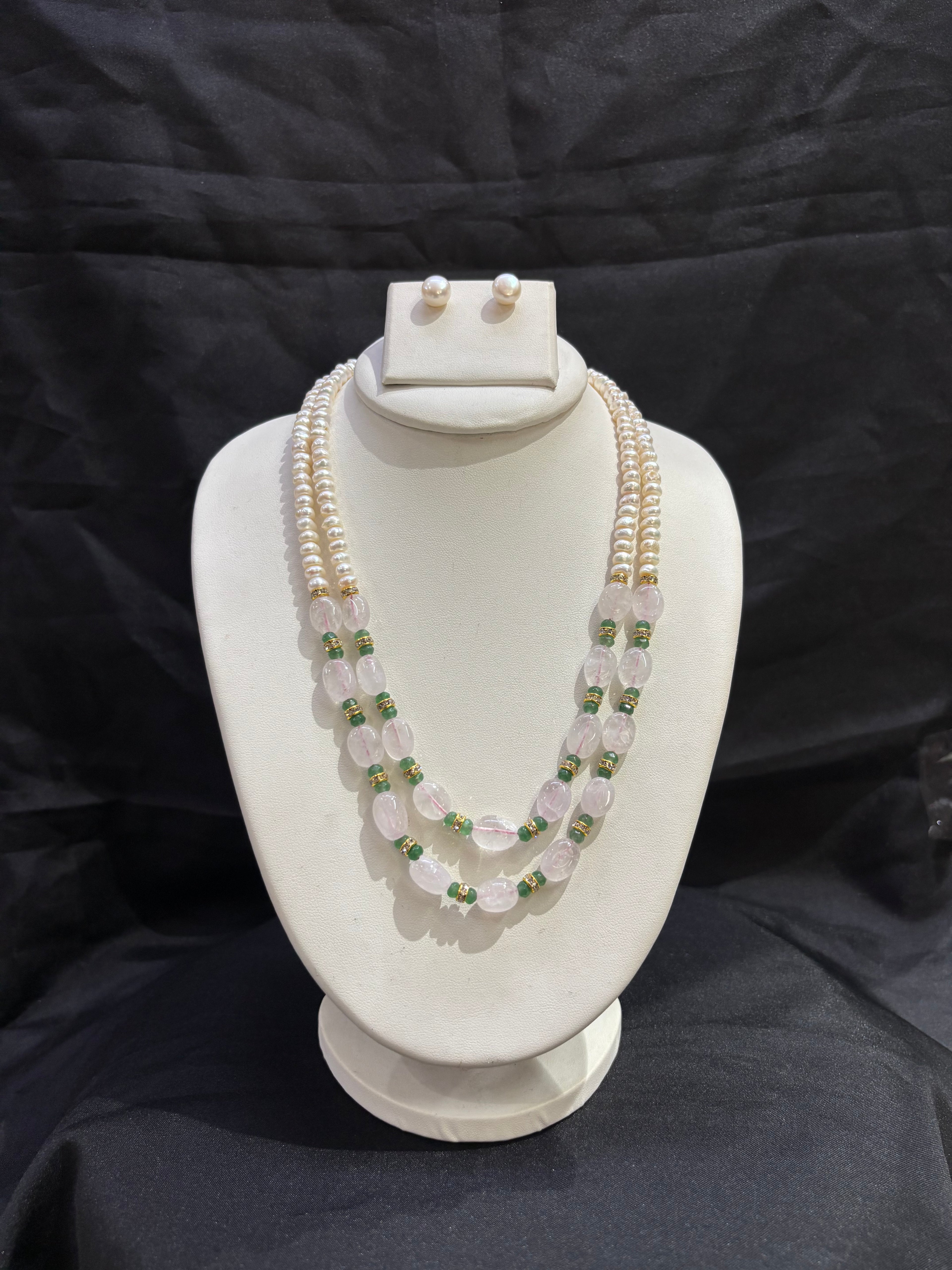 Double Layer Freshwater Pearl & Rose Quartz Necklace Set