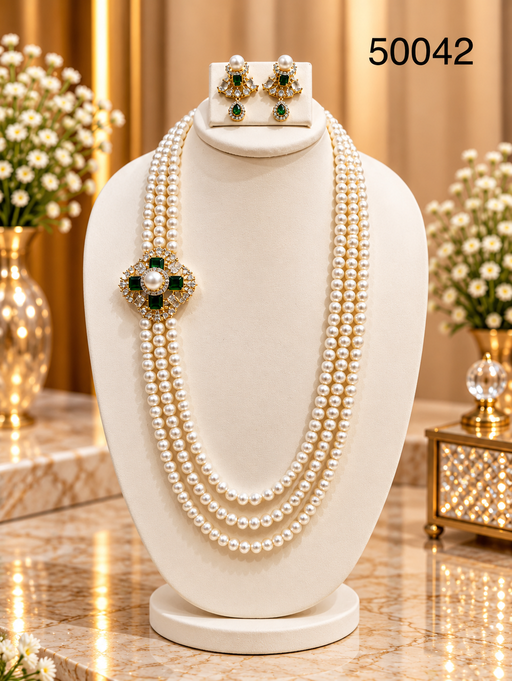 Green Emerald Pearl Multi-Strand Necklace Set