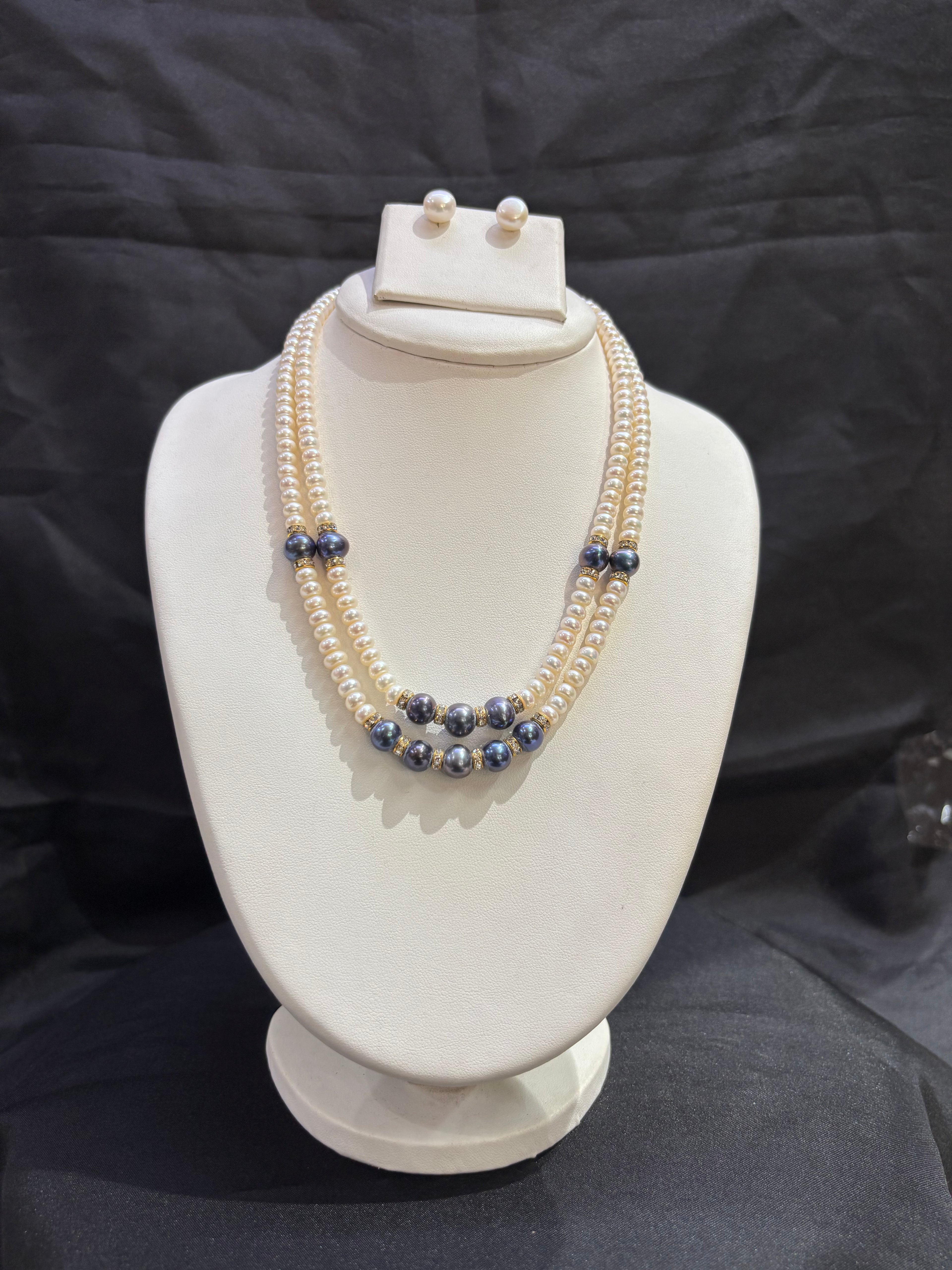 Double Layer Freshwater Pearl Necklace Set with Peacock Pearl Accents