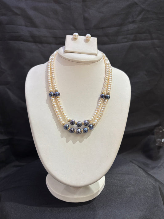 Double Layer Freshwater Pearl Necklace Set with Peacock Pearl Accents