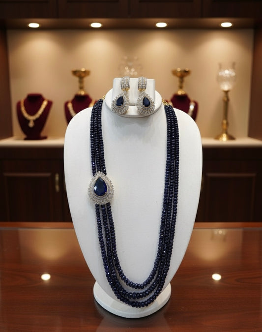 Royal Blue Sapphire Beaded Necklace Set with Diamond Studded Pendant & Earrings