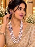 Pink Pearl Multi-Strand Necklace Set with Floral Motif