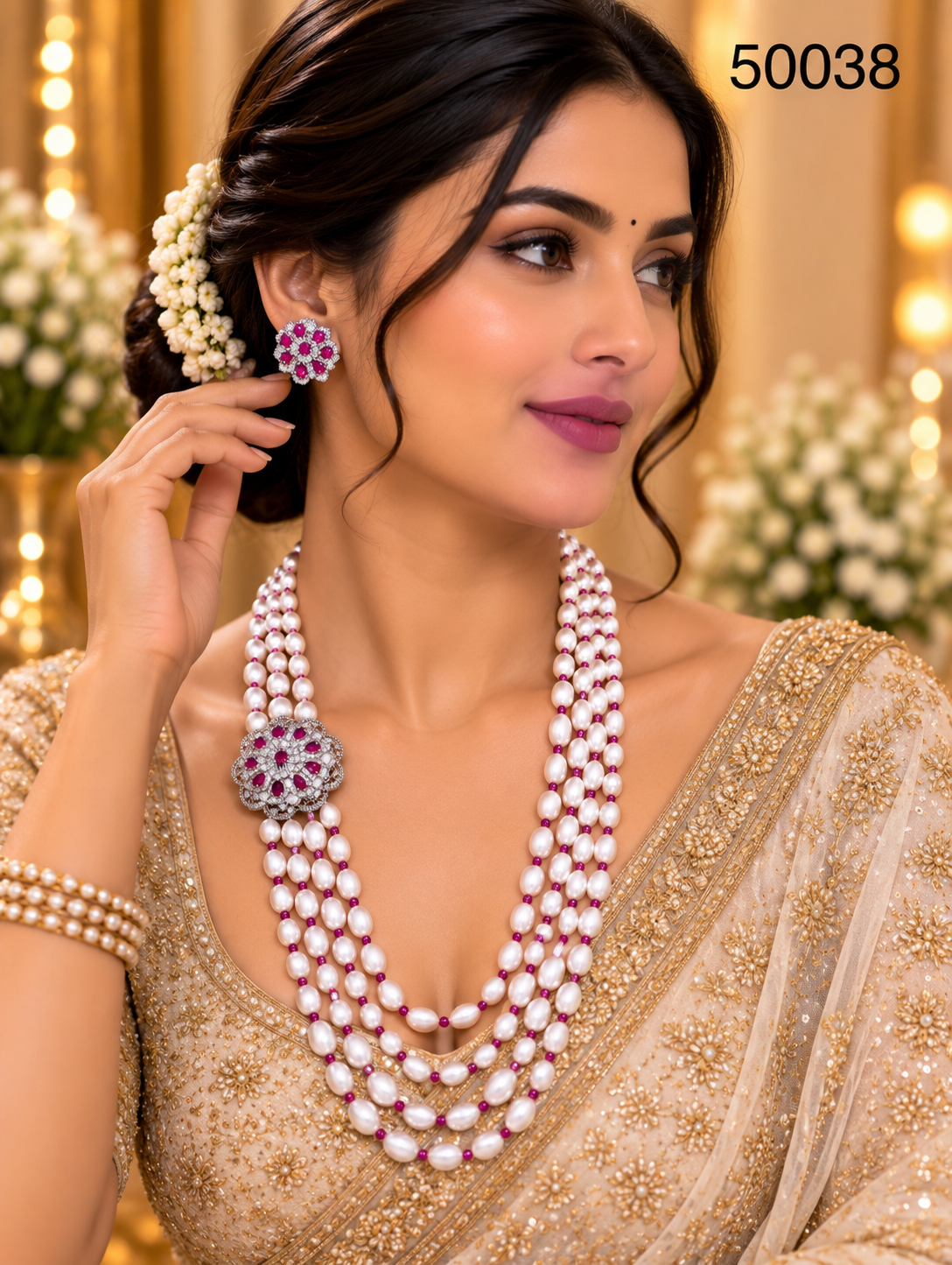 Pink Pearl Multi-Strand Necklace Set with Floral Motif