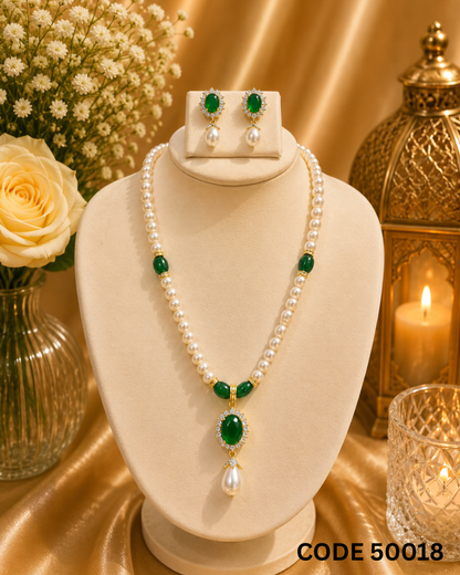 Freshwater Pearl Necklace Set with Emerald Green Pendant – Code 50018