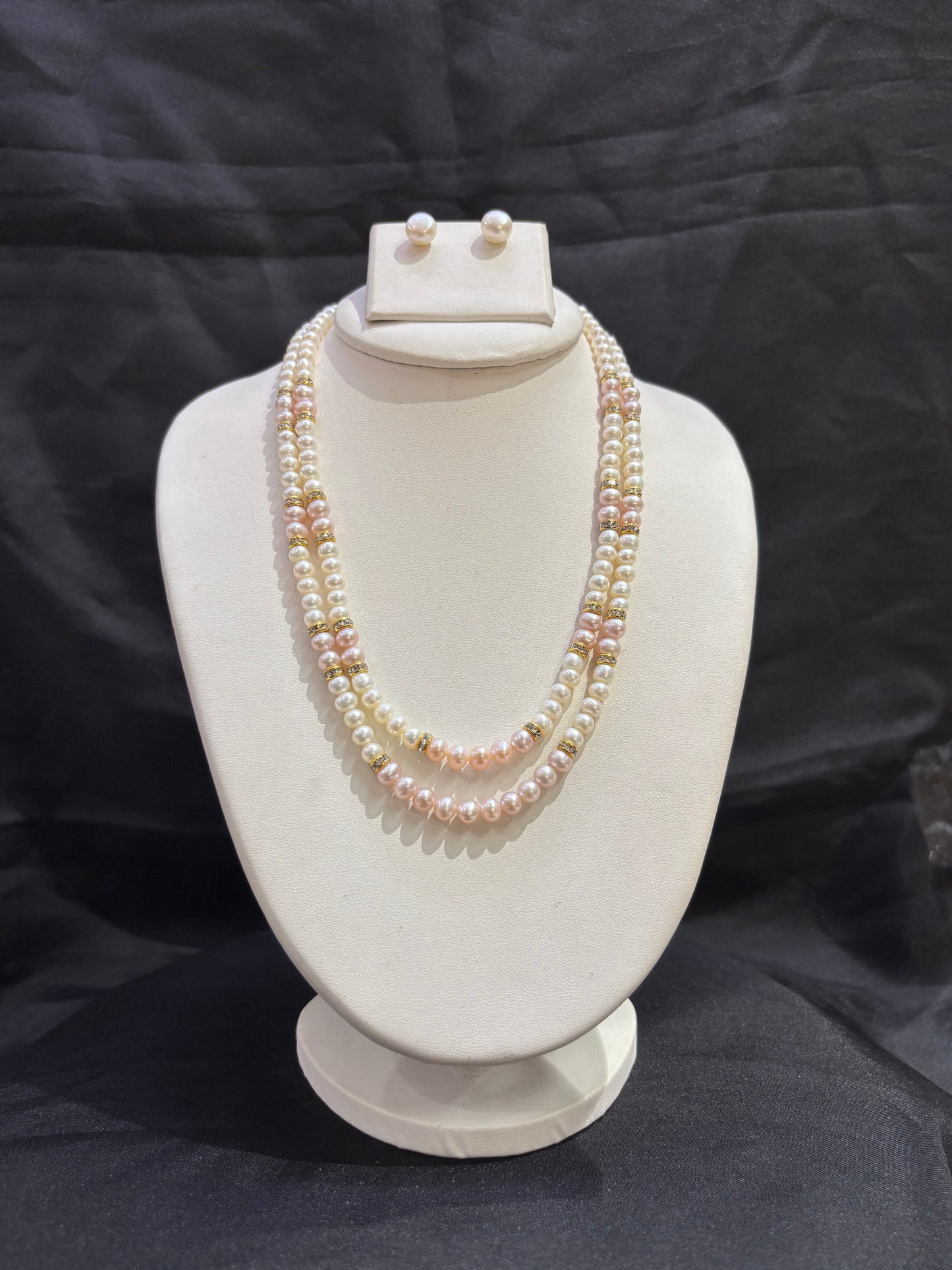 Elegant Triple Layer Pink & White Freshwater Pearl Necklace Set