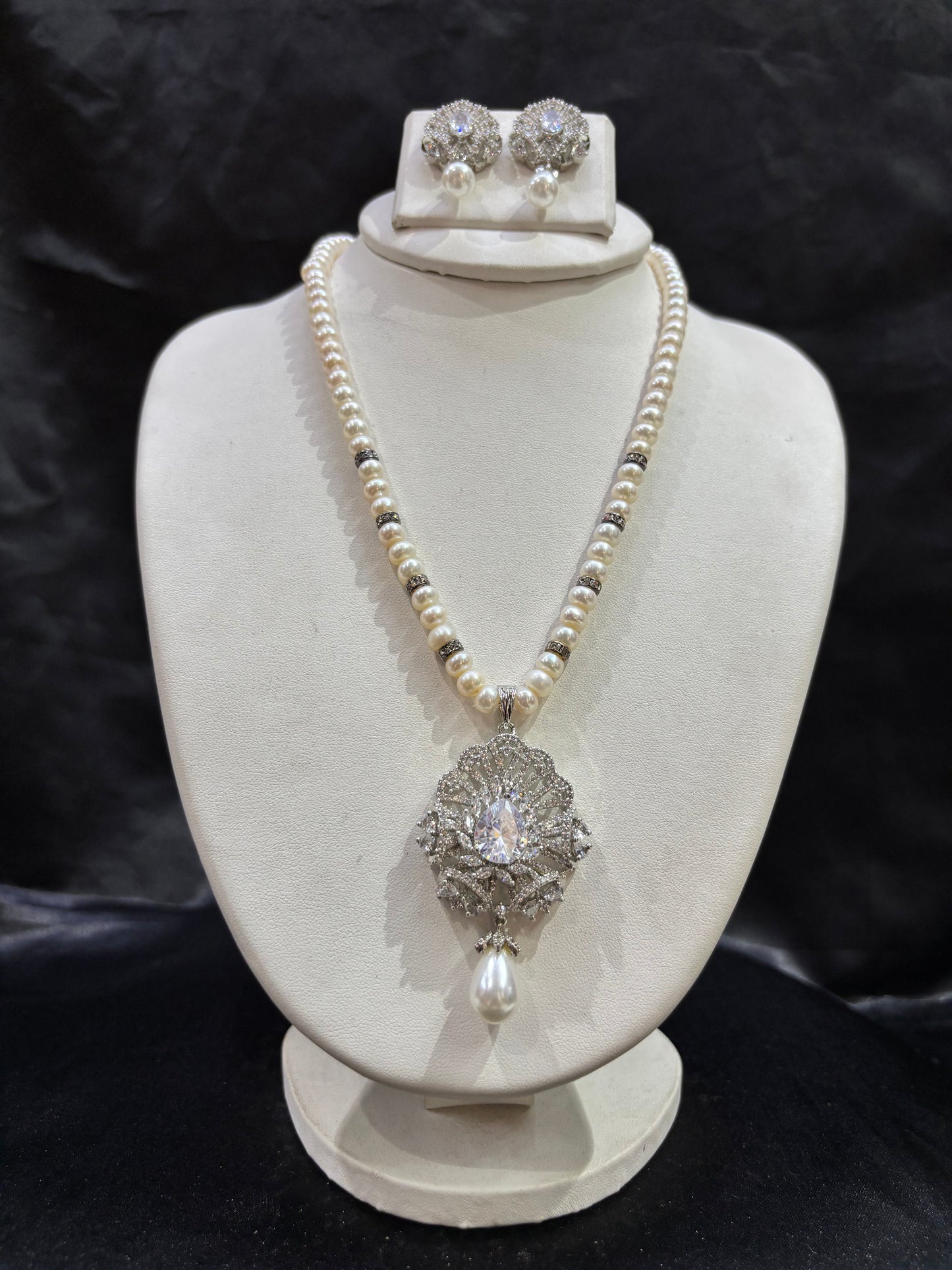 Elegant White Pearl Pendant Set with American Diamonds