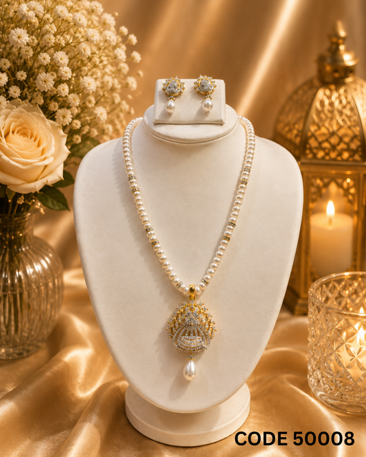 Classic Pearl Necklace Set with Designer CZ Pendant – Code 50008