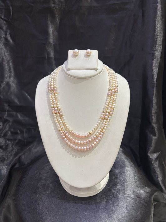 Elegant Pink & White Freshwater Pearl Triple Layer Necklace Set